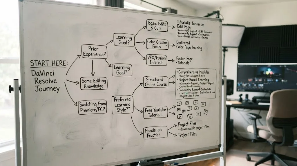 Illustration of a branching decision tree diagram leading toward different DaVinci Resolve learning paths based on the reader's situation