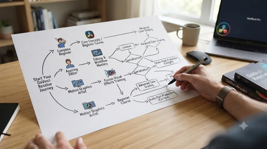 Illustration of a branching decision path showing different types of learners leading toward different course options