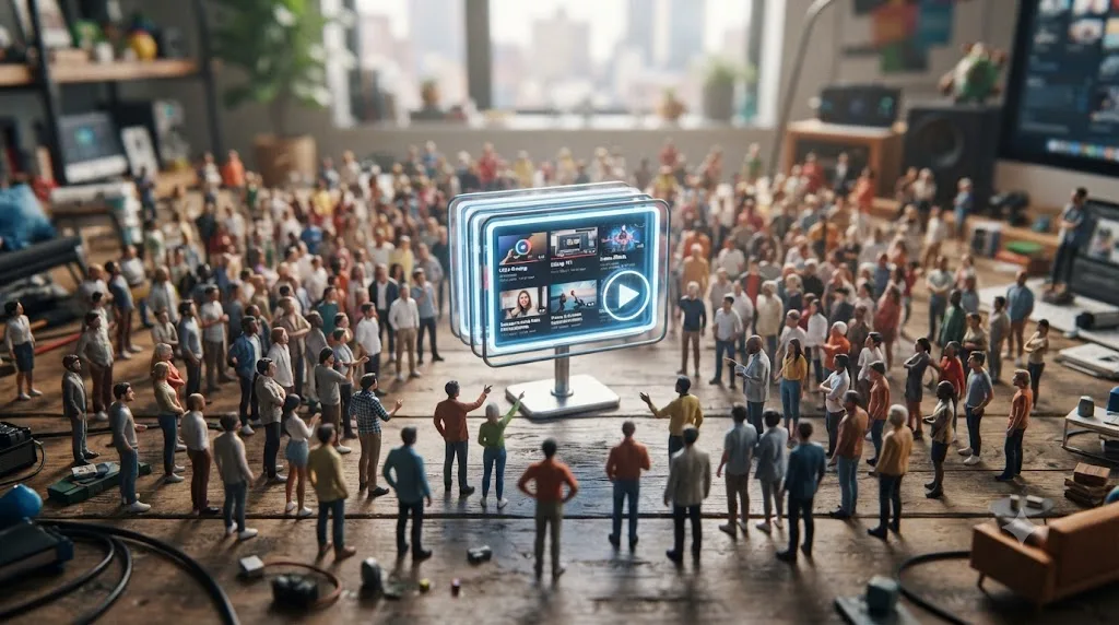 Illustration of a large group of small avatars representing a free online learning community gathered around a video playlist icon