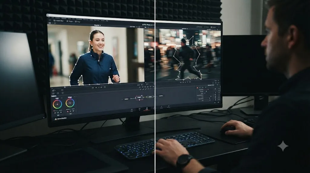 Illustration contrasting a clean Fusion mask tracking a demo clip with a messier mask struggling on real, fast-moving footage