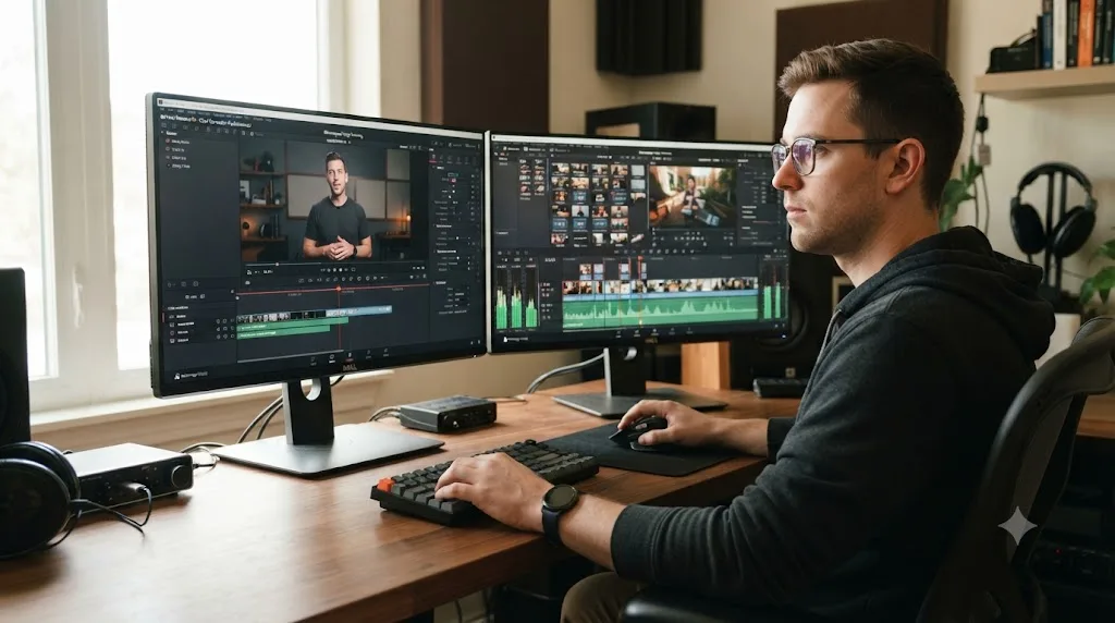 Illustration of a person watching a paused DaVinci Resolve course video next to someone working inside a live editing timeline