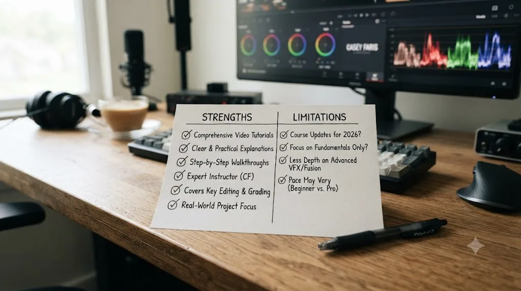 Illustration of a checklist showing course strengths on one side and a short list of honest limitations on the other