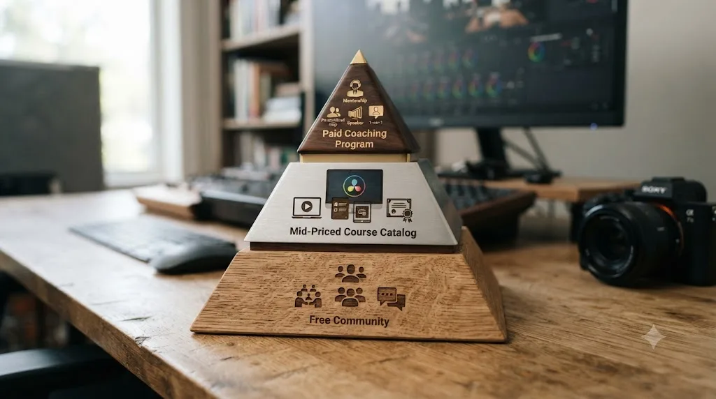 Illustration of a tiered pyramid diagram showing a free community, a mid-priced course catalog, and a paid coaching program