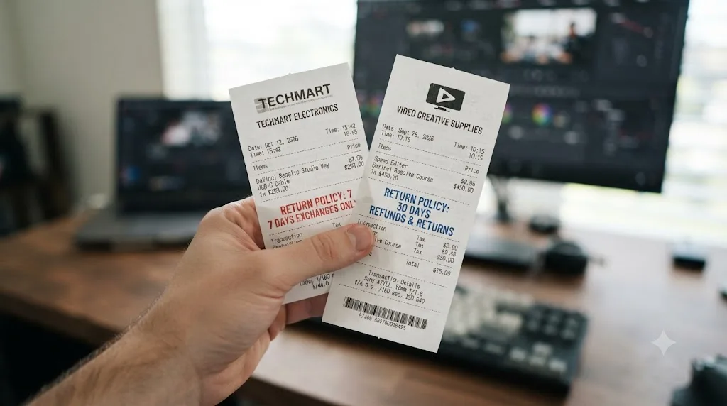 Illustration of two receipts, one marked with a 7-day exchange-only stamp and the other with a 30-day refund stamp