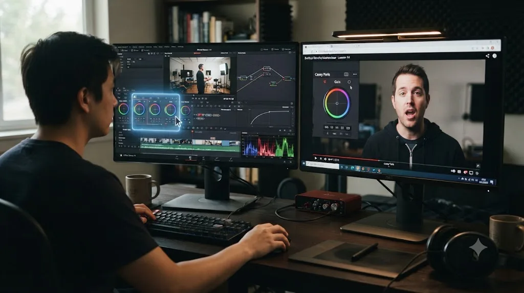 Illustration of an AI tutor overlay pointing at a control inside a live DaVinci Resolve project, next to a paused course video playing on a separate screen