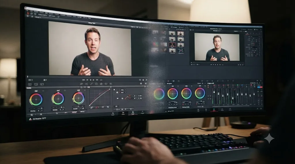 Illustration of a DaVinci Resolve interface transitioning from an older layout to a newer one, with a paused course video frozen on the outdated side