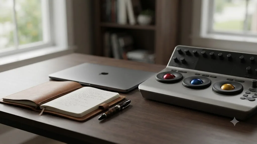 Illustration of a writer's desk with pen and notebook icons positioned next to an unrelated DaVinci Resolve color wheel icon