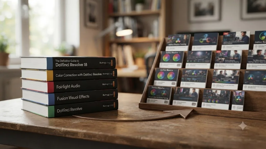 Illustration of a stack of free official training books next to a shelf of paid third-party course thumbnails