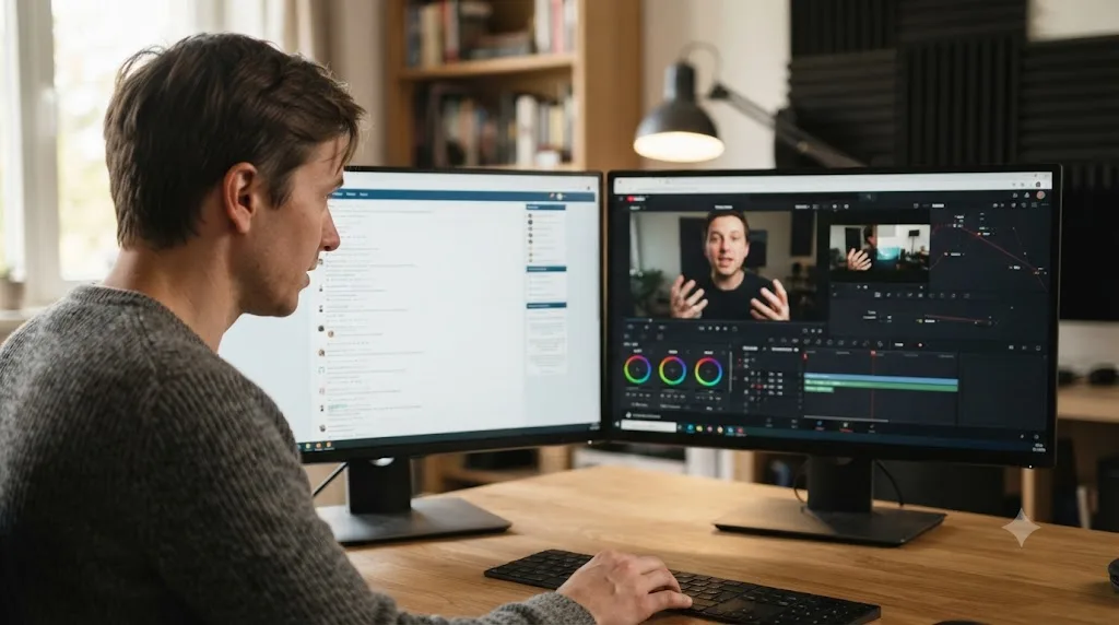 Illustration of a person reading a community discussion thread on one screen while a free YouTube tutorial plays on a second screen