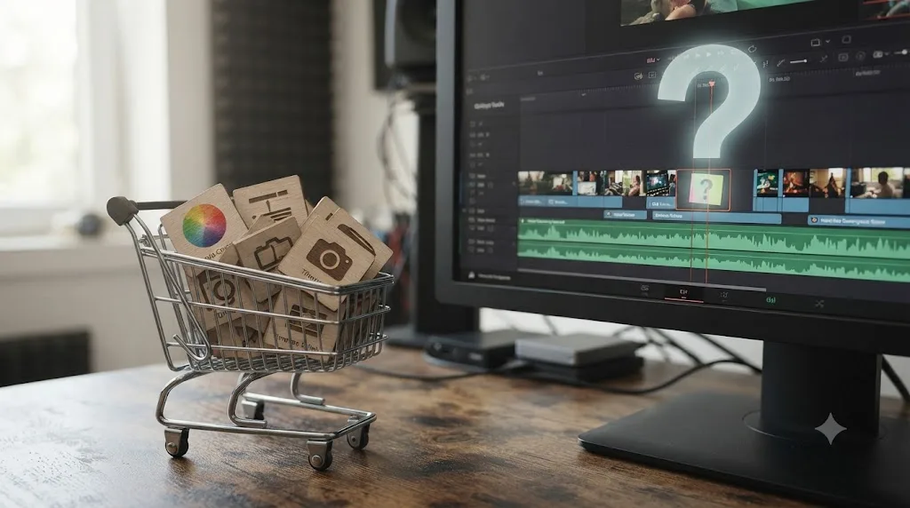 Illustration of a shopping cart full of course tiles next to a messy real editing timeline with a question mark over a mismatched clip
