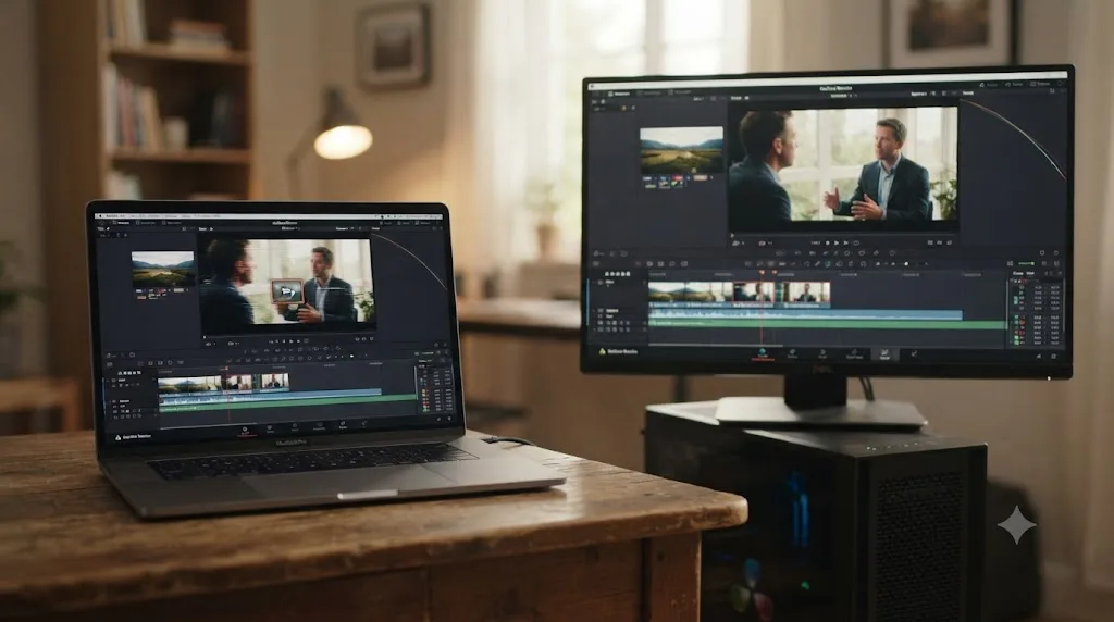 Illustration of a laptop with a stuttering playback icon next to a desktop workstation playing the same timeline smoothly