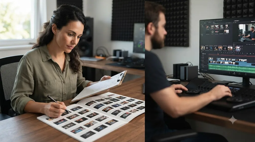 Illustration of a person combing through a catalog of course cards with a checklist, next to someone actively editing a real video timeline