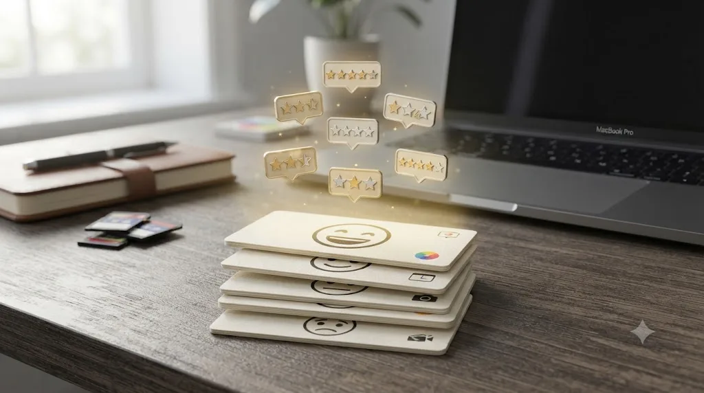 Illustration of star-rating badges floating above a stack of individual review cards showing different expressions