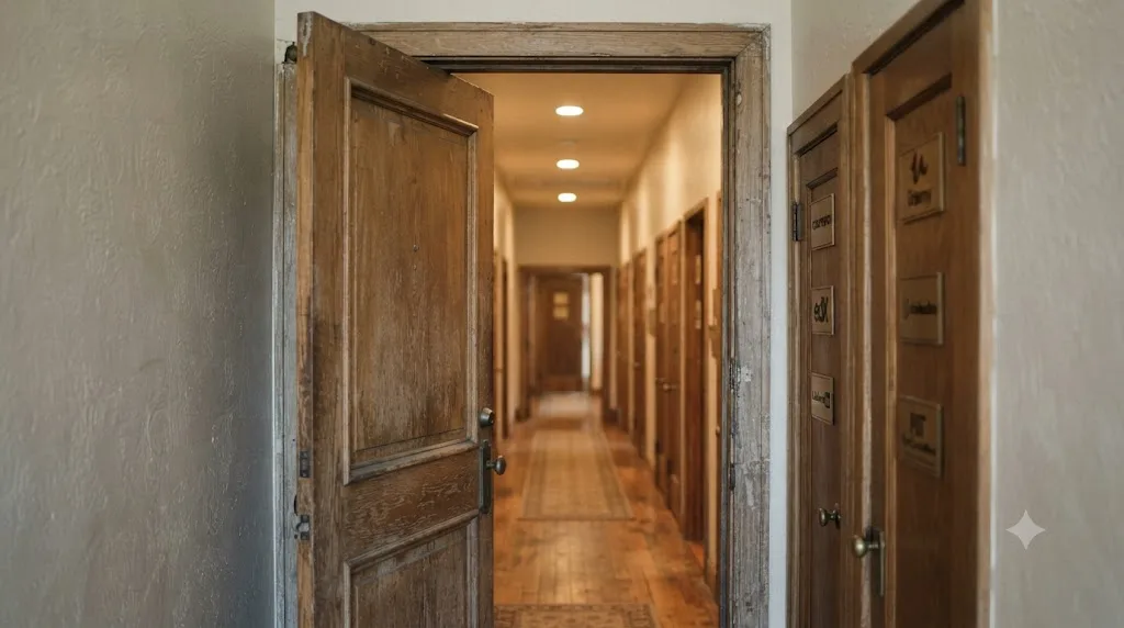 Illustration of a front door opening onto a hallway of smaller doors, each labeled with a different course platform logo
