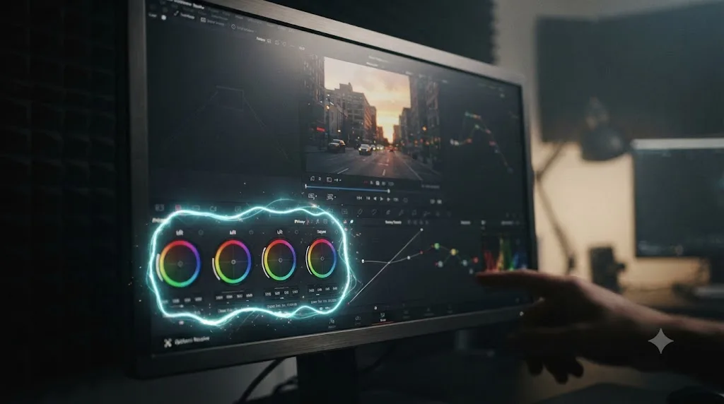 Illustration of an assistant overlay drawing a glowing outline around a control inside a live DaVinci Resolve Color page