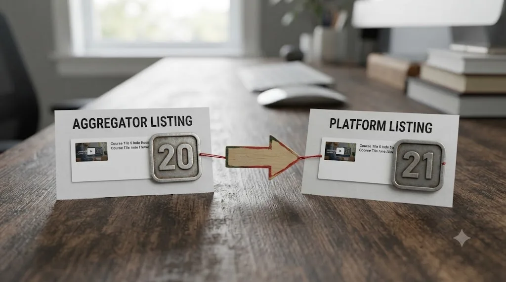 Illustration of two mismatched version-number badges on the same course tile, pointing between an aggregator listing and a live platform listing