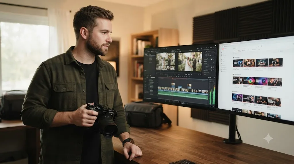 Illustration of a wedding videographer beside a DaVinci Resolve timeline on one screen and a course catalog search page on another