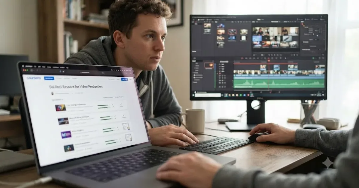 Illustration of a person comparing a Coursera specialization dashboard with a live DaVinci Resolve timeline on a second screen