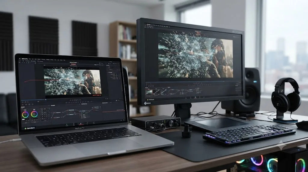 Illustration contrasting a laptop struggling with a stuttering Fusion composite next to a desktop workstation running it smoothly