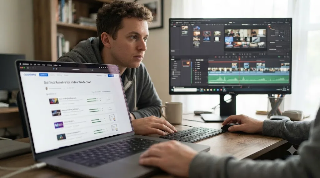 Illustration of a person comparing a Coursera specialization dashboard on a laptop next to a live DaVinci Resolve timeline