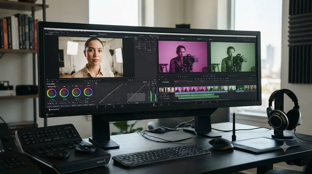 Illustration contrasting a clean color transform on a demo clip with two mismatched camera feeds on real footage