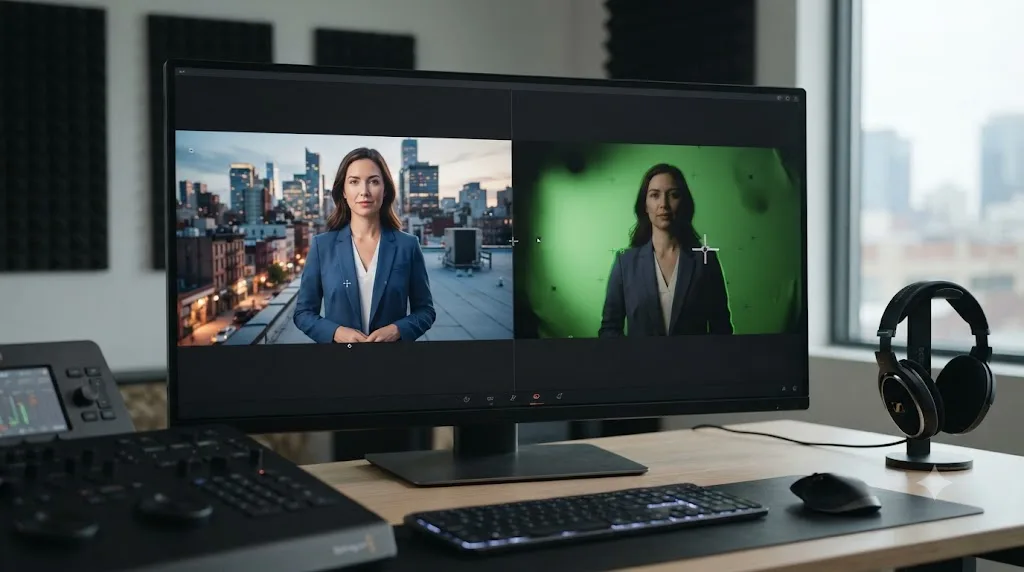Illustration contrasting a clean tracked greenscreen composite with a real greenscreen shot showing uneven lighting and a drifting tracker point