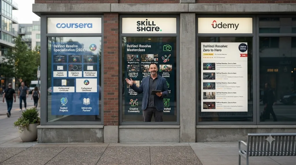 Illustration of an instructor figure behind three storefront windows labeled Coursera, Skillshare, and Udemy, each with a different course package