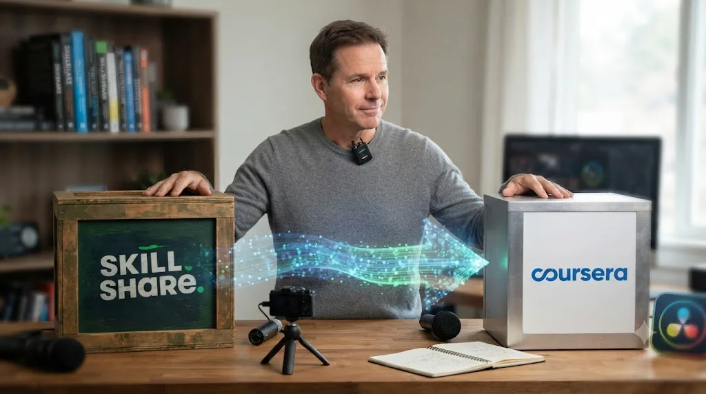 Illustration of an instructor figure standing between a Skillshare logo and a Coursera logo with content flowing between them