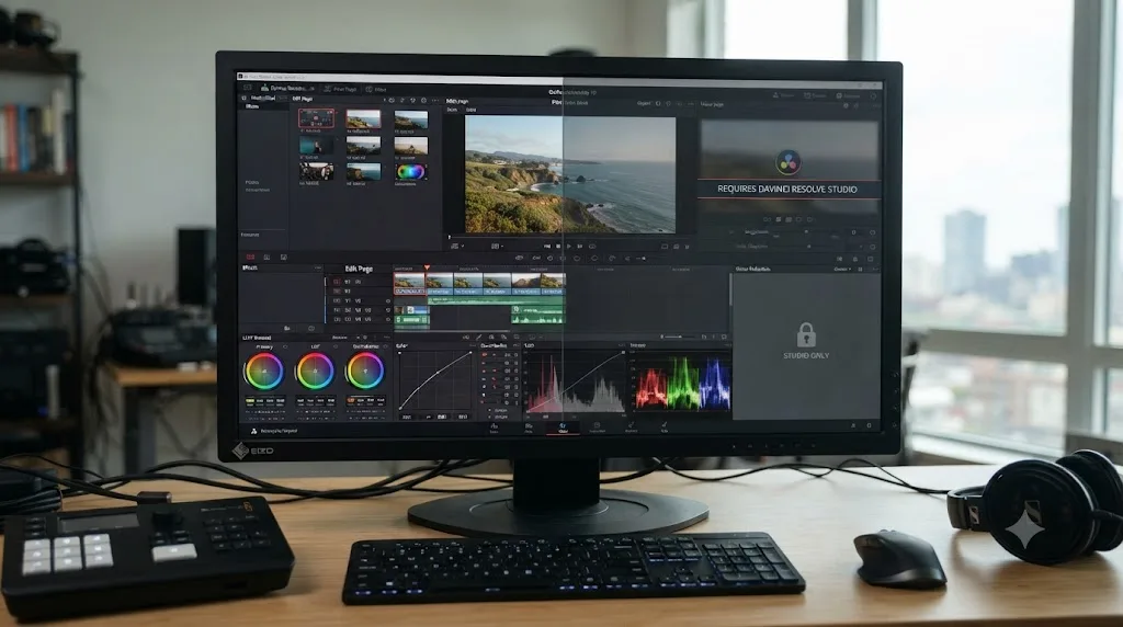Illustration of a DaVinci Resolve interface split between the free version's tools and Studio-only tools grayed out