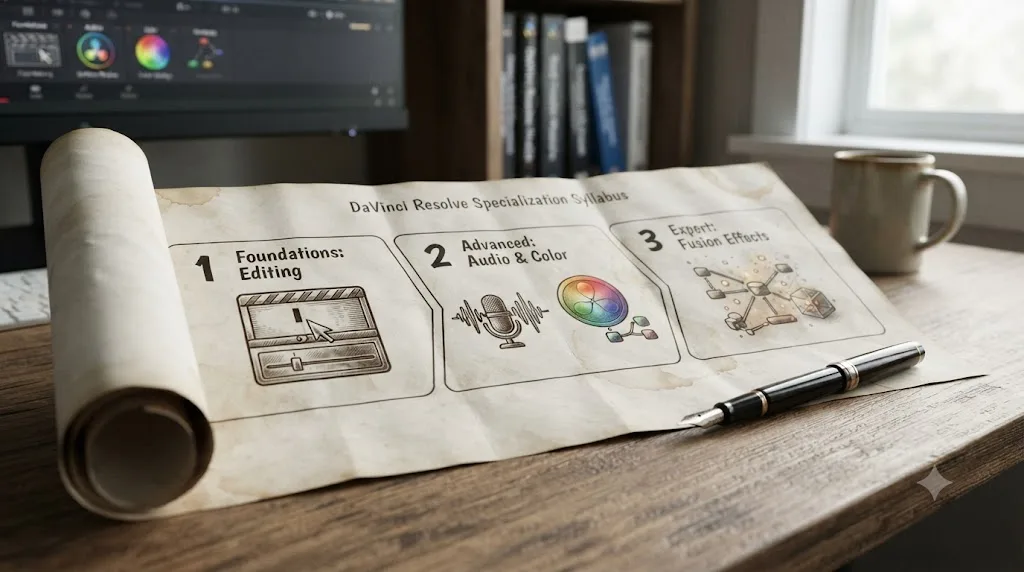 Illustration of a three-course syllabus unfolding with icons for editing, audio and color, and advanced Fusion effects