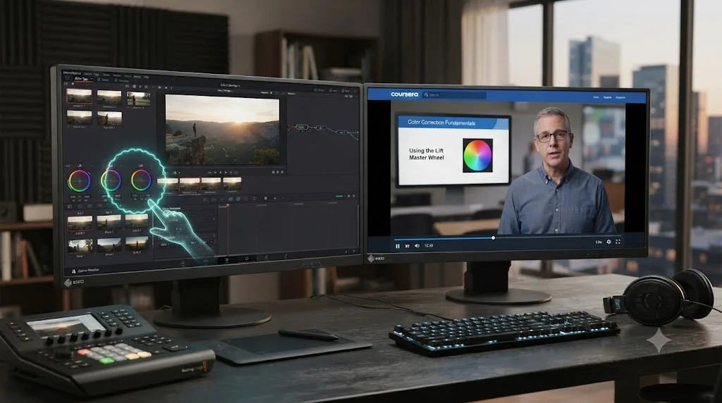 Illustration of an assistant overlay pointing at a control inside a live DaVinci Resolve project next to a paused course lecture on another screen