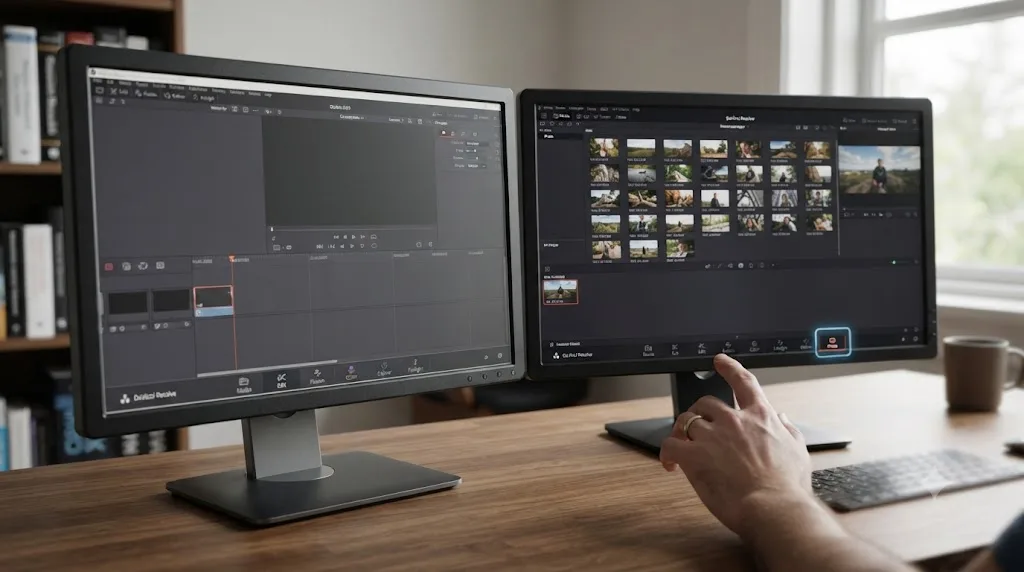 Illustration of an older DaVinci Resolve interface next to a current screen with a new Photo page tab highlighted
