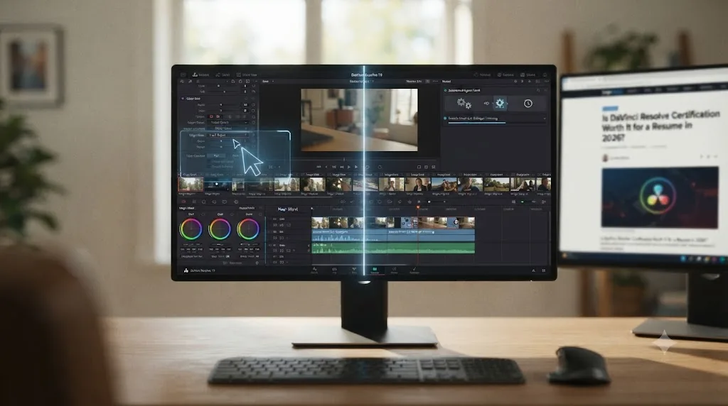 Illustration of a DaVinci Resolve timeline split between an assistant pointing at a control and an automated agent executing a cut