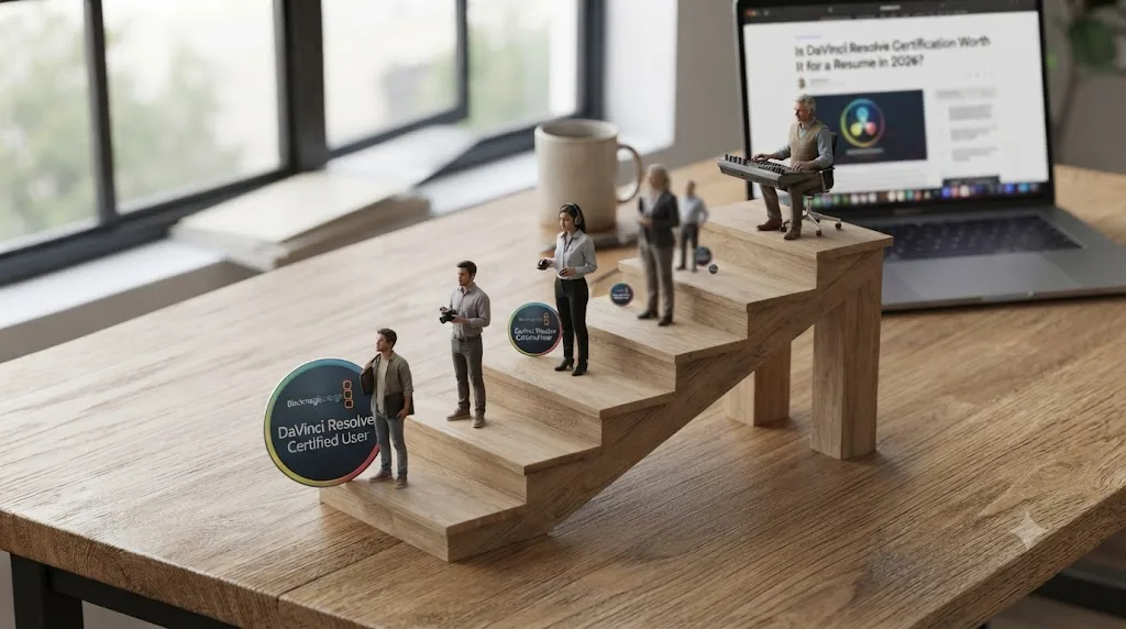 Illustration of a staircase showing career stages from career changer to veteran editor, with a certification icon shrinking at each step