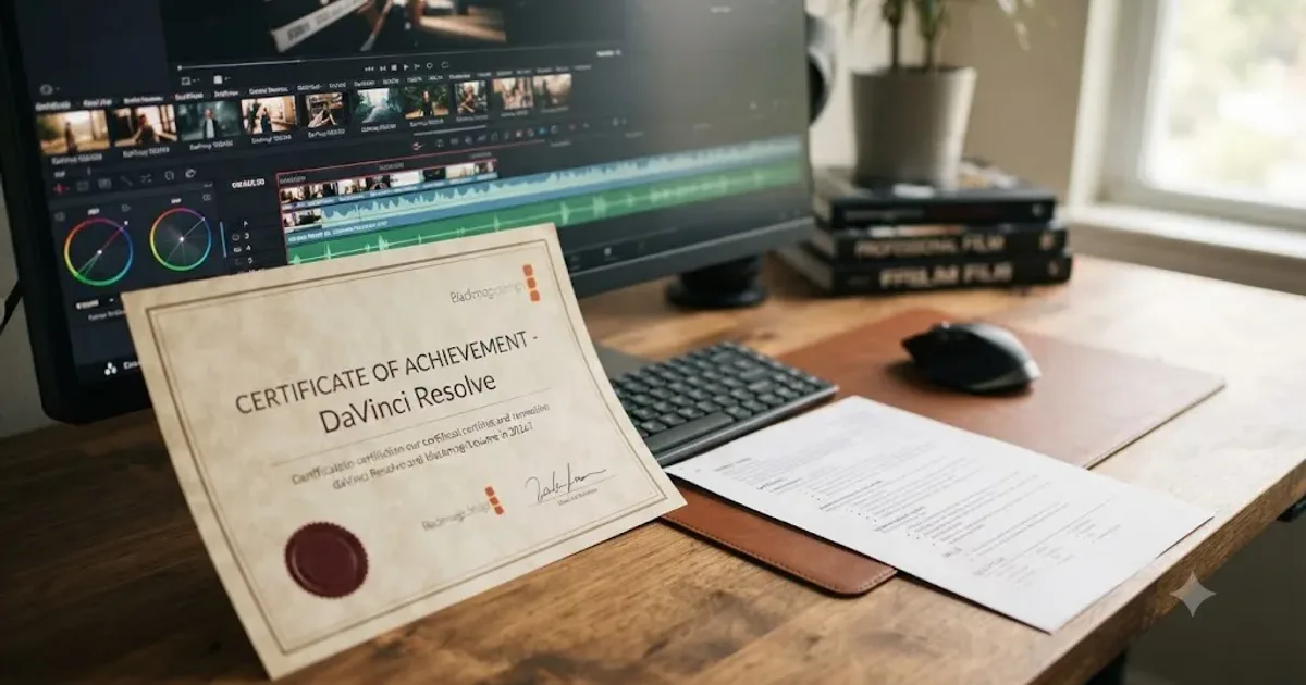 Illustration of a certification document overlapping a DaVinci Resolve timeline next to a printed resume