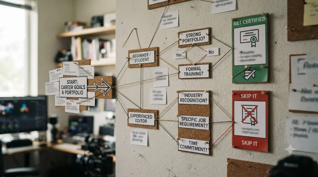 Illustration of a branching decision tree diagram leading toward a certification recommendation based on career stage and portfolio status