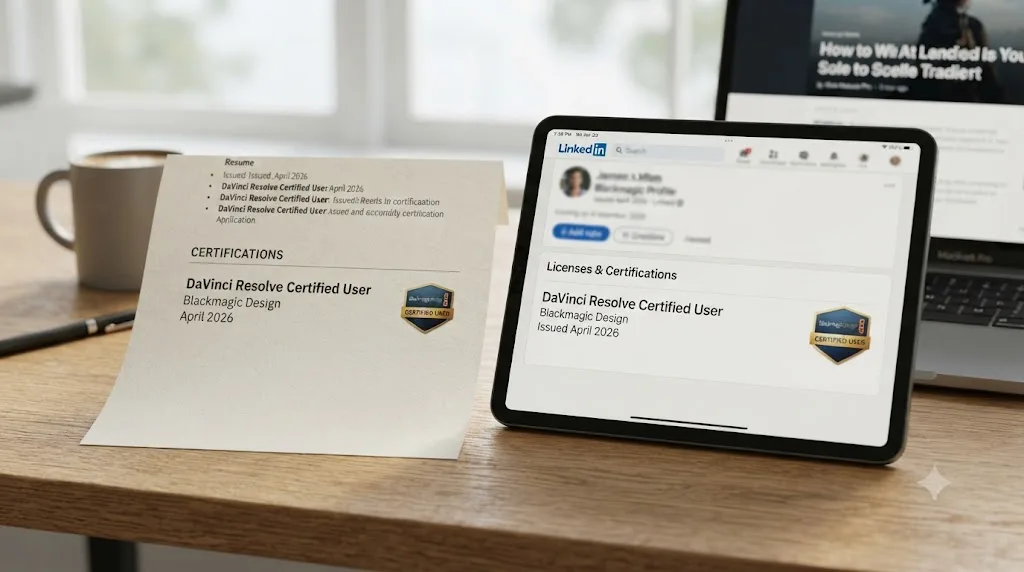 Illustration of a resume certifications section and a LinkedIn certifications section showing the same credential formatted correctly