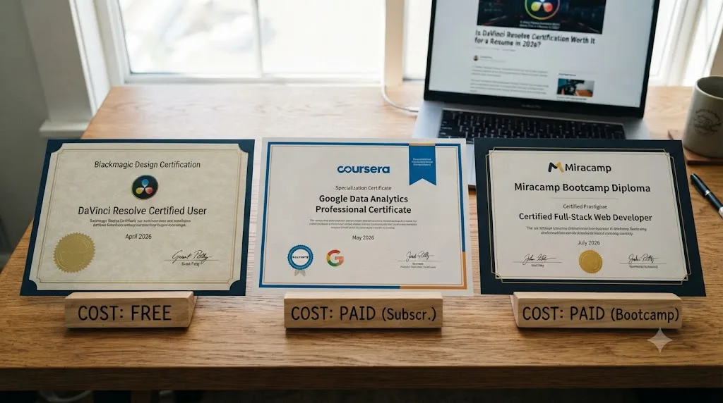 Illustration of three side-by-side certificate templates with cost labels for a free, a paid platform, and a paid bootcamp option