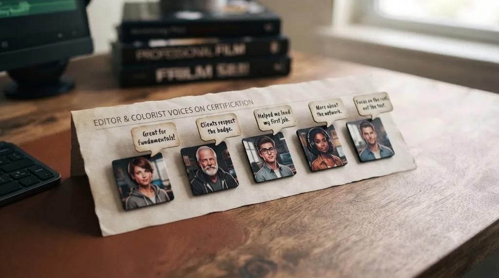 Illustration of a row of avatar icons representing editors and colorists, each with a speech bubble sharing an opinion on certifications