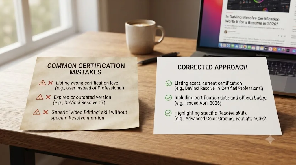 Illustration of a checklist showing common certification mistakes with warning icons next to a corrected approach
