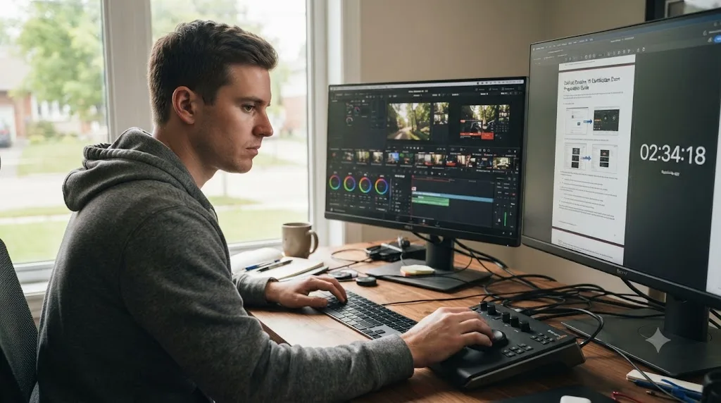 Illustration of a person working inside DaVinci Resolve with a training guide open on a second monitor and a countdown timer visible
