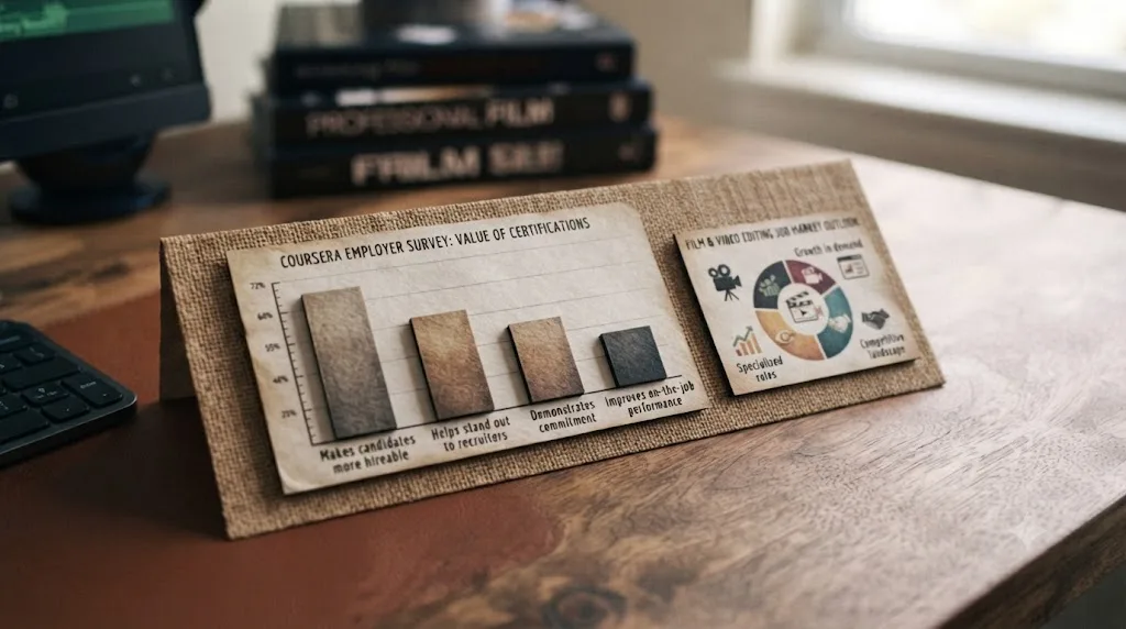 Illustration of a bar chart showing employer statistics on credentials next to a separate chart representing the video editing job market