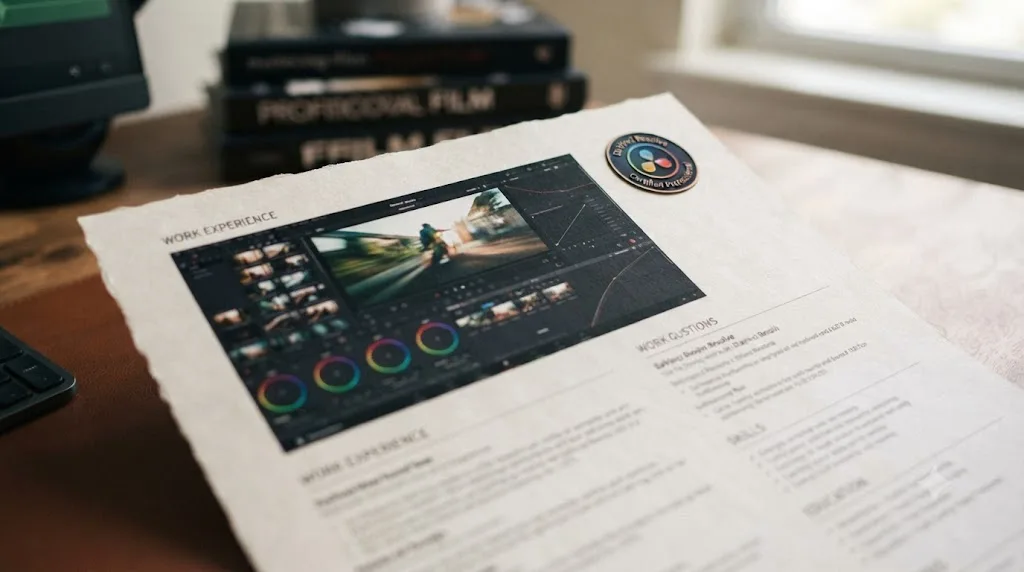 Illustration of a resume showing a small certification badge alongside a larger, more prominent portfolio reel thumbnail
