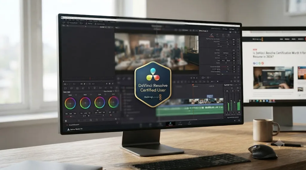 Illustration of a DaVinci Resolve interface transitioning from an older layout to a newer one with a fixed certification badge overlaid