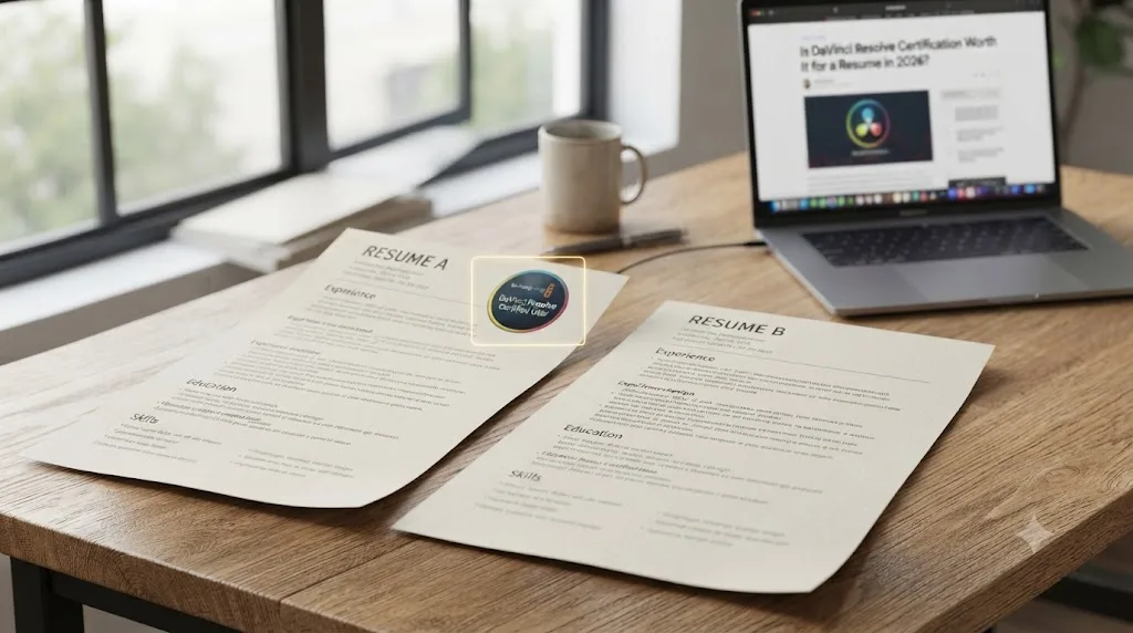 Illustration of two nearly identical resume mockups side by side, one with a certification badge highlighted
