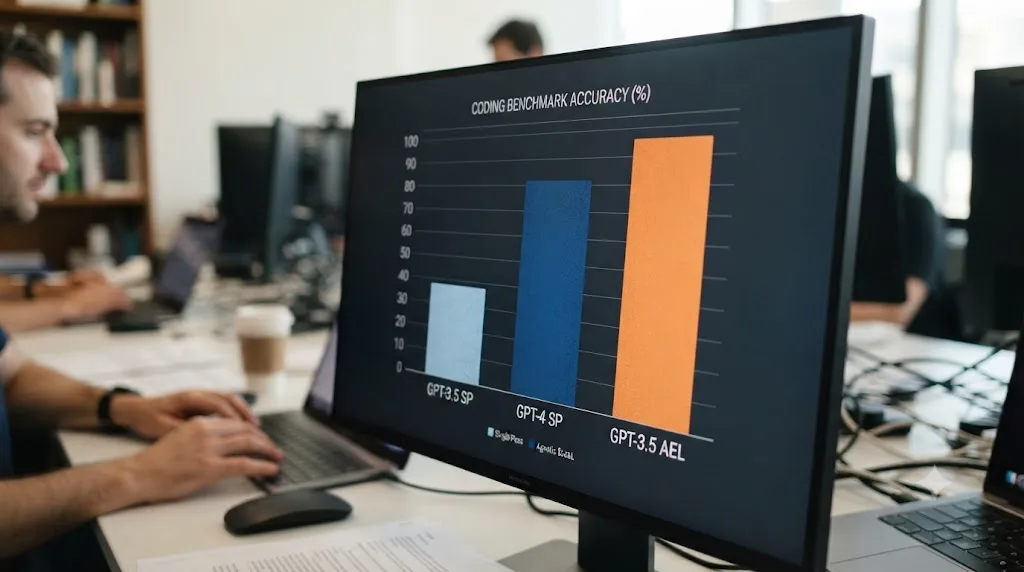 Illustration of a bar chart comparing single-pass model accuracy against an agentic feedback loop on a coding benchmark