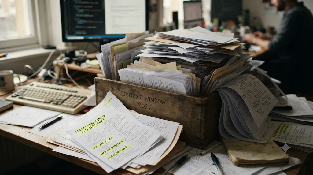 Illustration of a context window shown as an overflowing container of documents, with a few key documents highlighted and the rest fading into noise