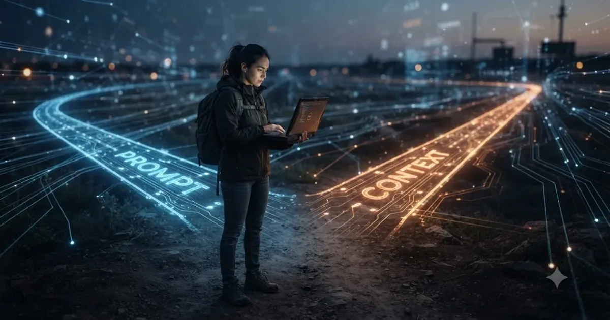 Illustration of a person standing at a fork in a glowing digital road, one path labeled prompt and the other labeled context, with a laptop in hand