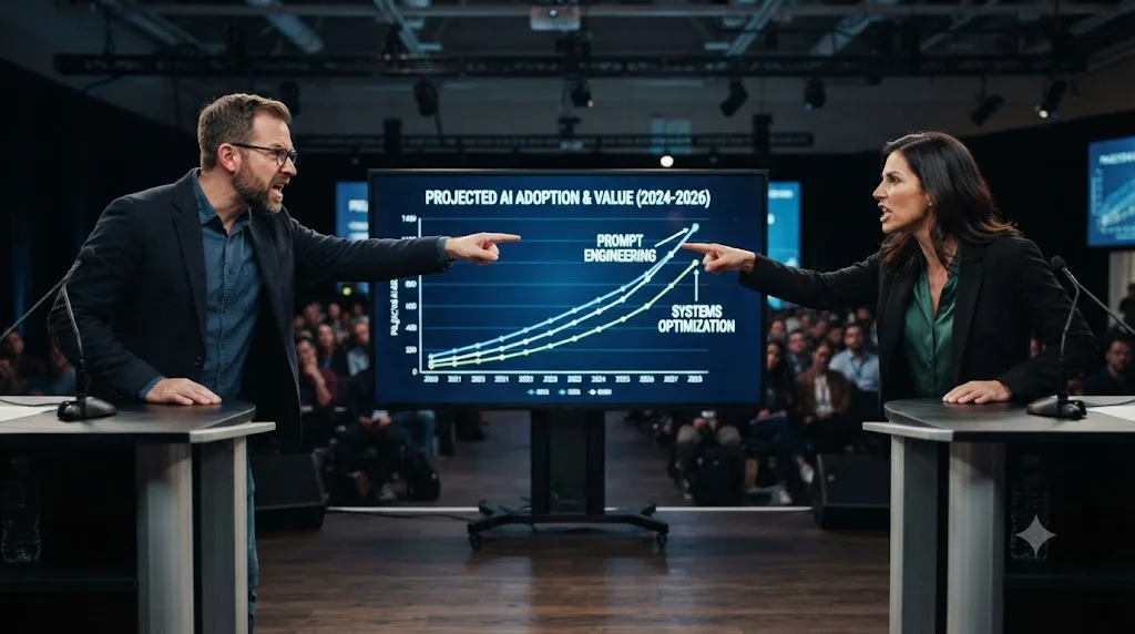 Illustration of two writers at opposite ends of a debate stage both pointing at the same data chart while arguing over labels