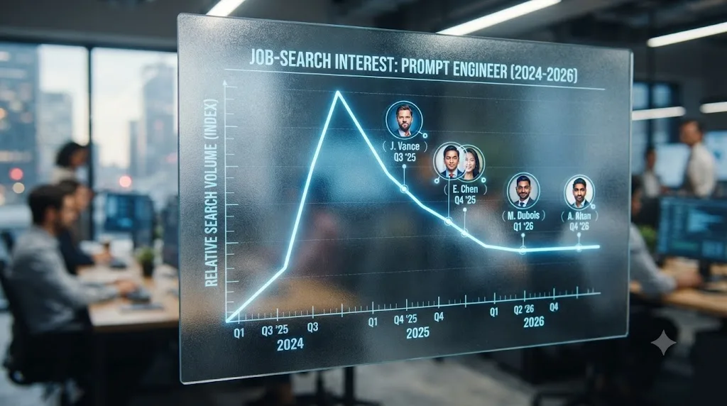 Illustration of a line chart showing job-search interest for prompt engineer rising sharply then plateauing, with executive portrait icons along the curve